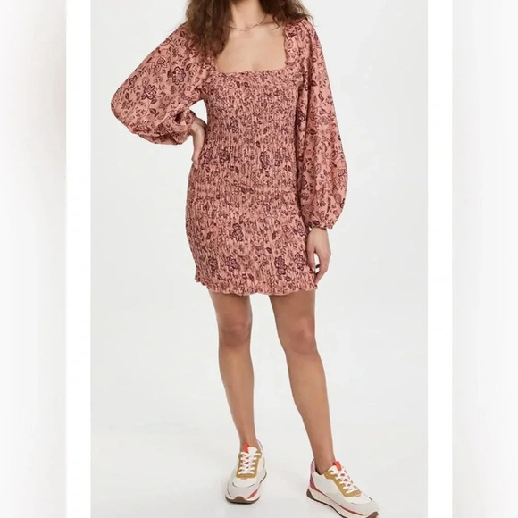 Free People Small Long Sleeve Smock it to Me Smocked Floral Mini Dress - Picture 2 of 7